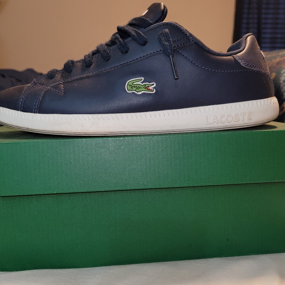 Lacoste Navy Blue Leather Athletic Sneakers with White Sole and Green Croc Logo